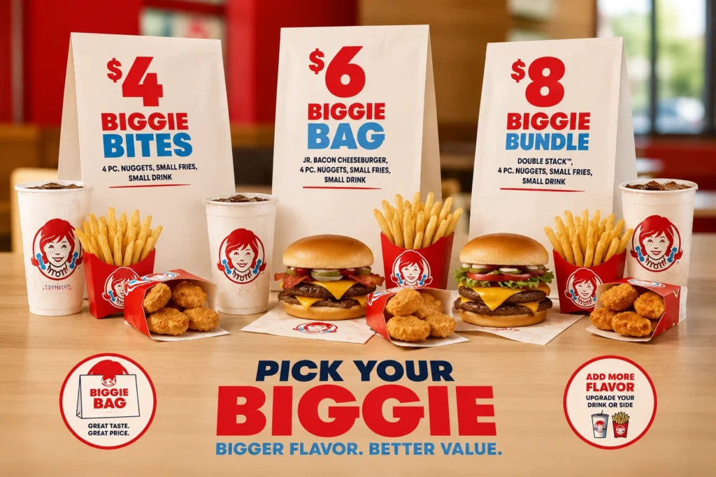 Wendy's Biggie Bag deal menu with sandwich, nuggets, fries and drink
