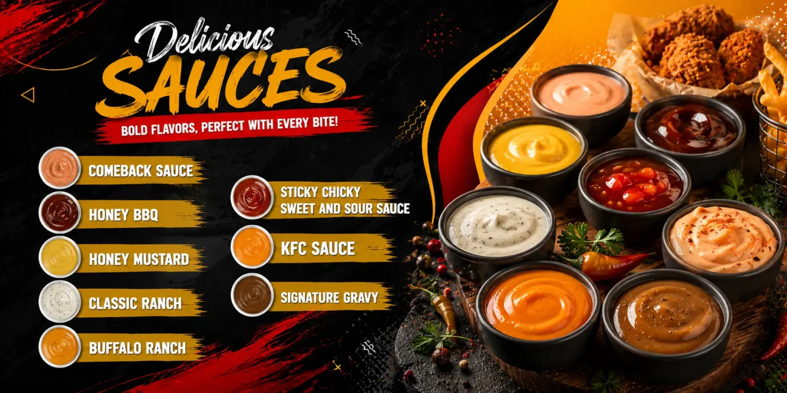 KFC dipping sauces including Comeback Sauce, Honey BBQ, and Ranch